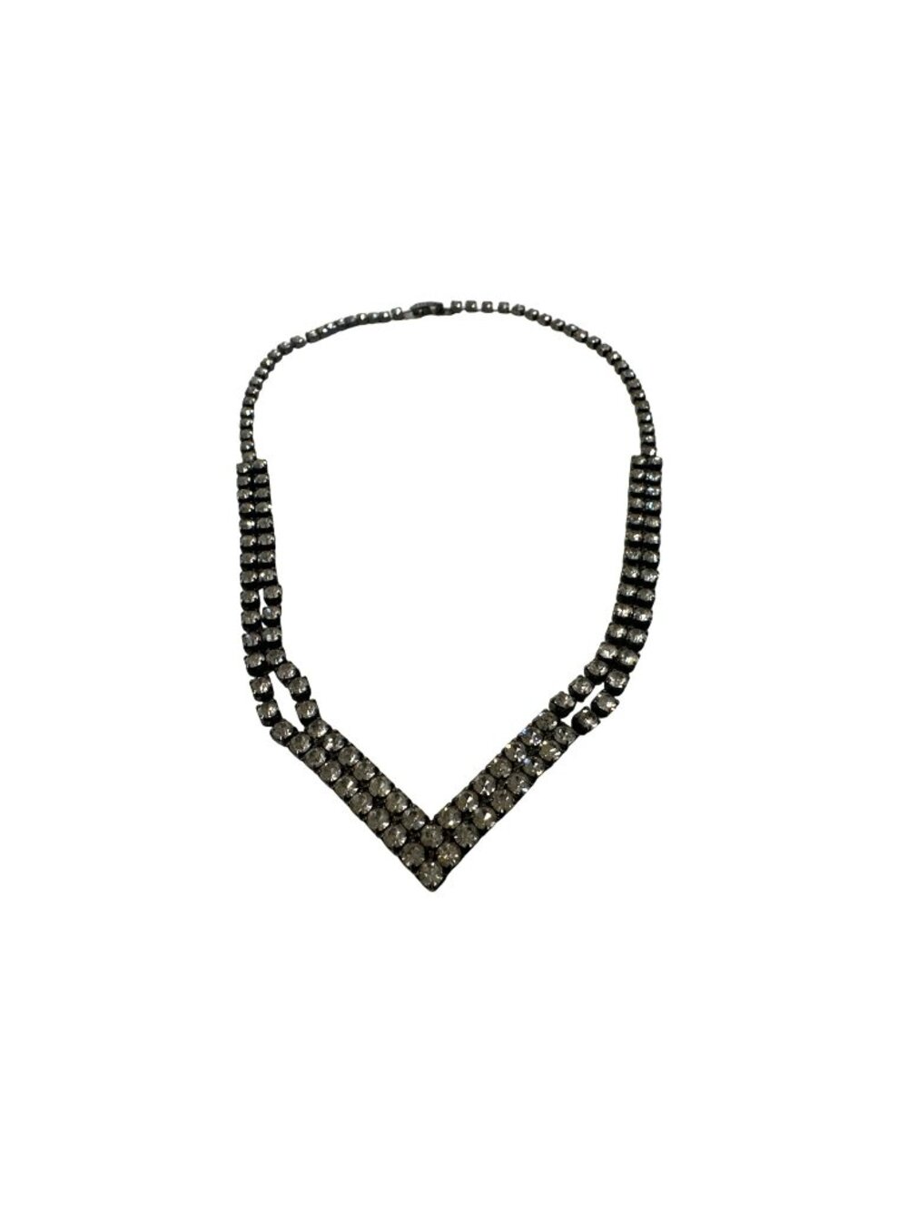 Vintage Rhinestone V-Shaped Necklace Box Clasp 15-Inch Length Silver-Tone Metal